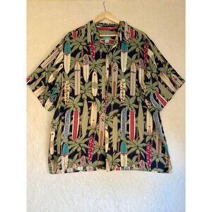 Reyn Spooner Shirt Mens 2XL Blue Green Surfboard Palm Hawaiian Rayon Button Up